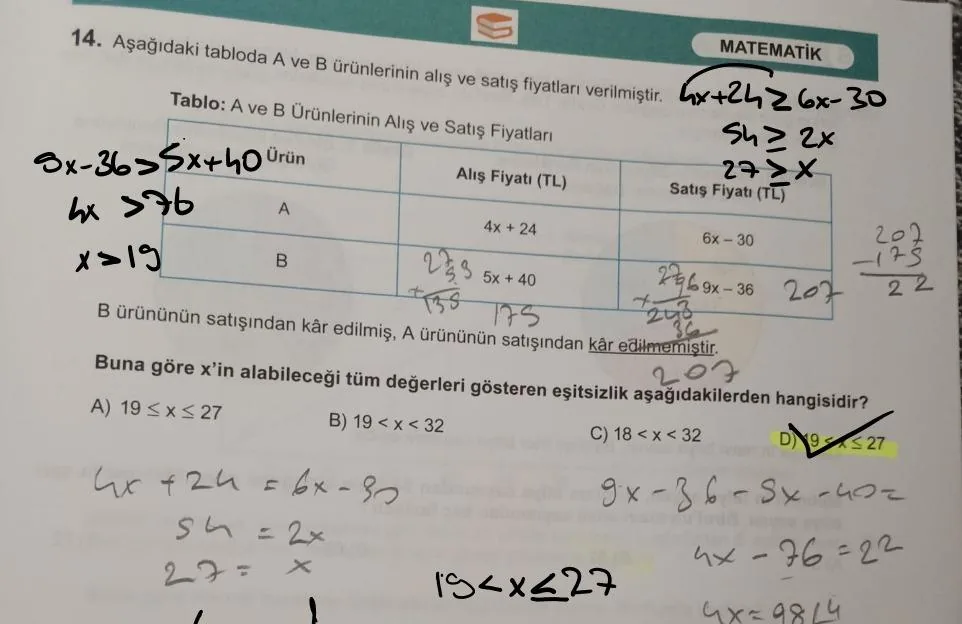 Kâğıt üzerinde çözülmüş ve işaretlenmiş bir eşitsizlik sorusu