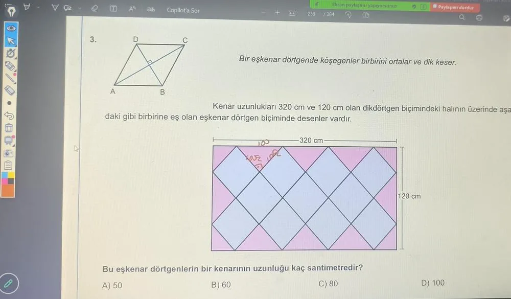 Canlı derste ekran paylaşımıyla çözülen eşkenar dörtgen sorusu, üzerinde öğretmenin notları